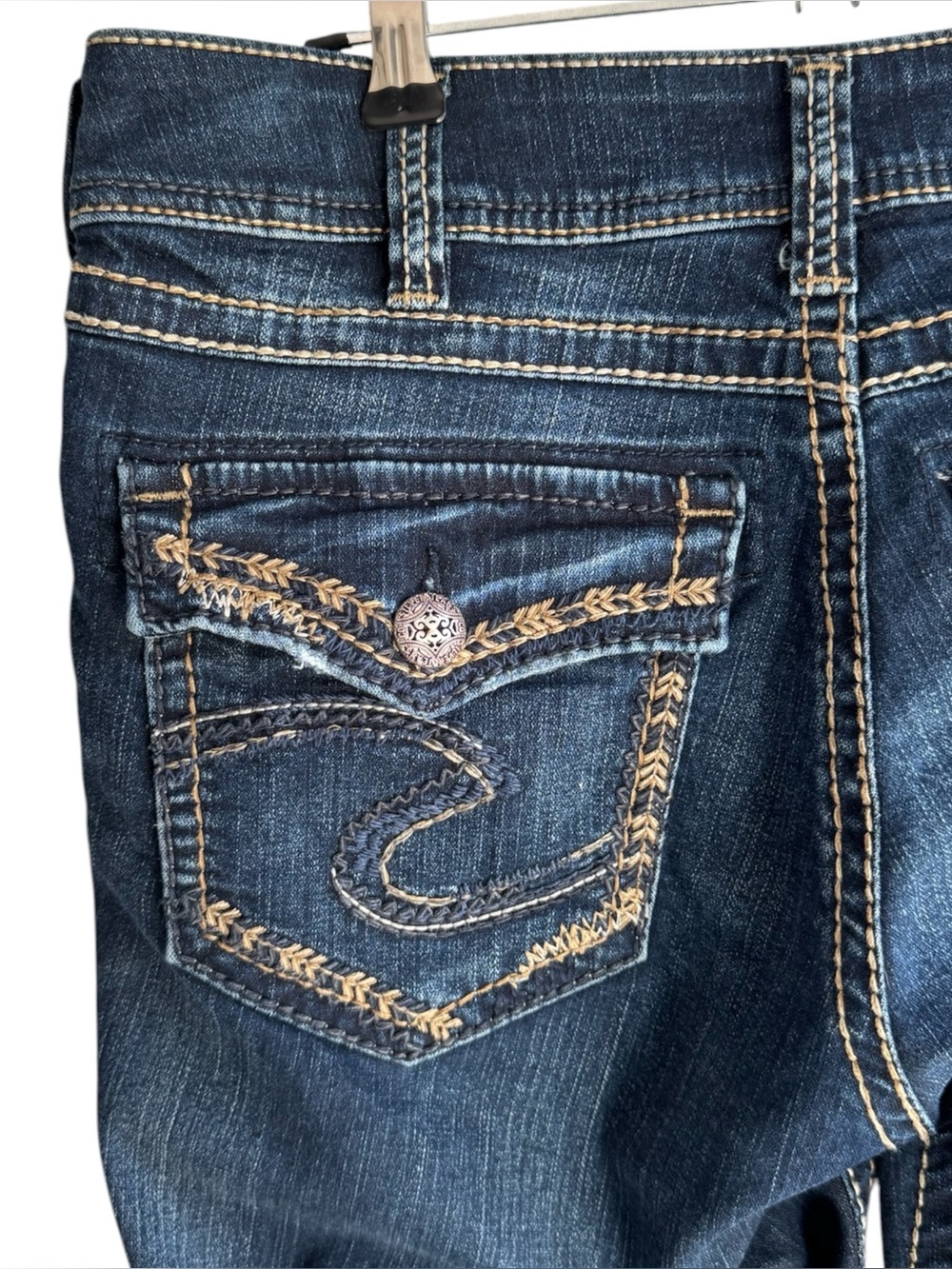 Silver Jeans Suki Mid Slim Boot Womens 31/31 Dark Wash Denim Bootcut Patch Fluid